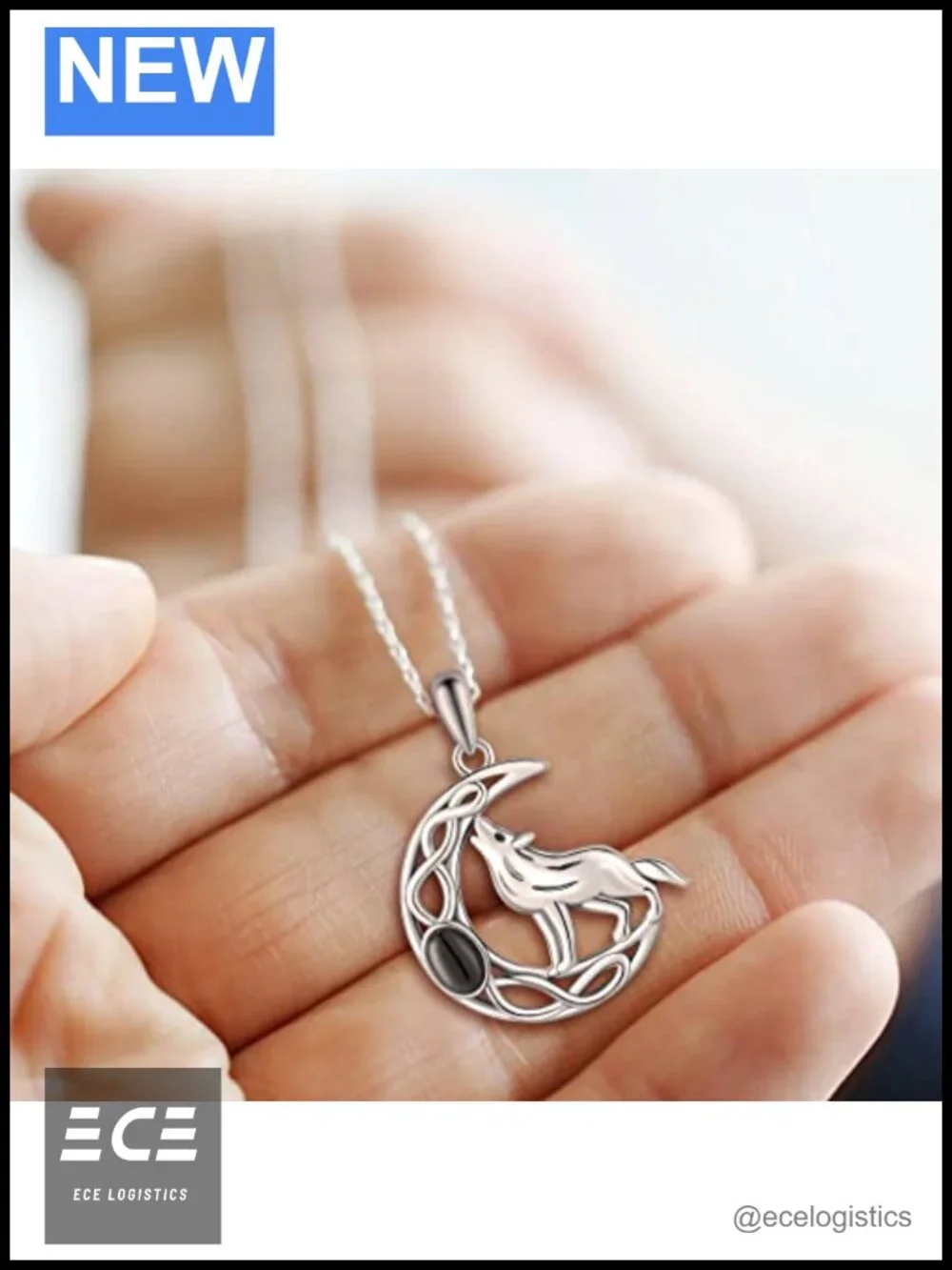 925 Sterling Silver Wolf Pendant Necklace Crescent Moon 18in Chain